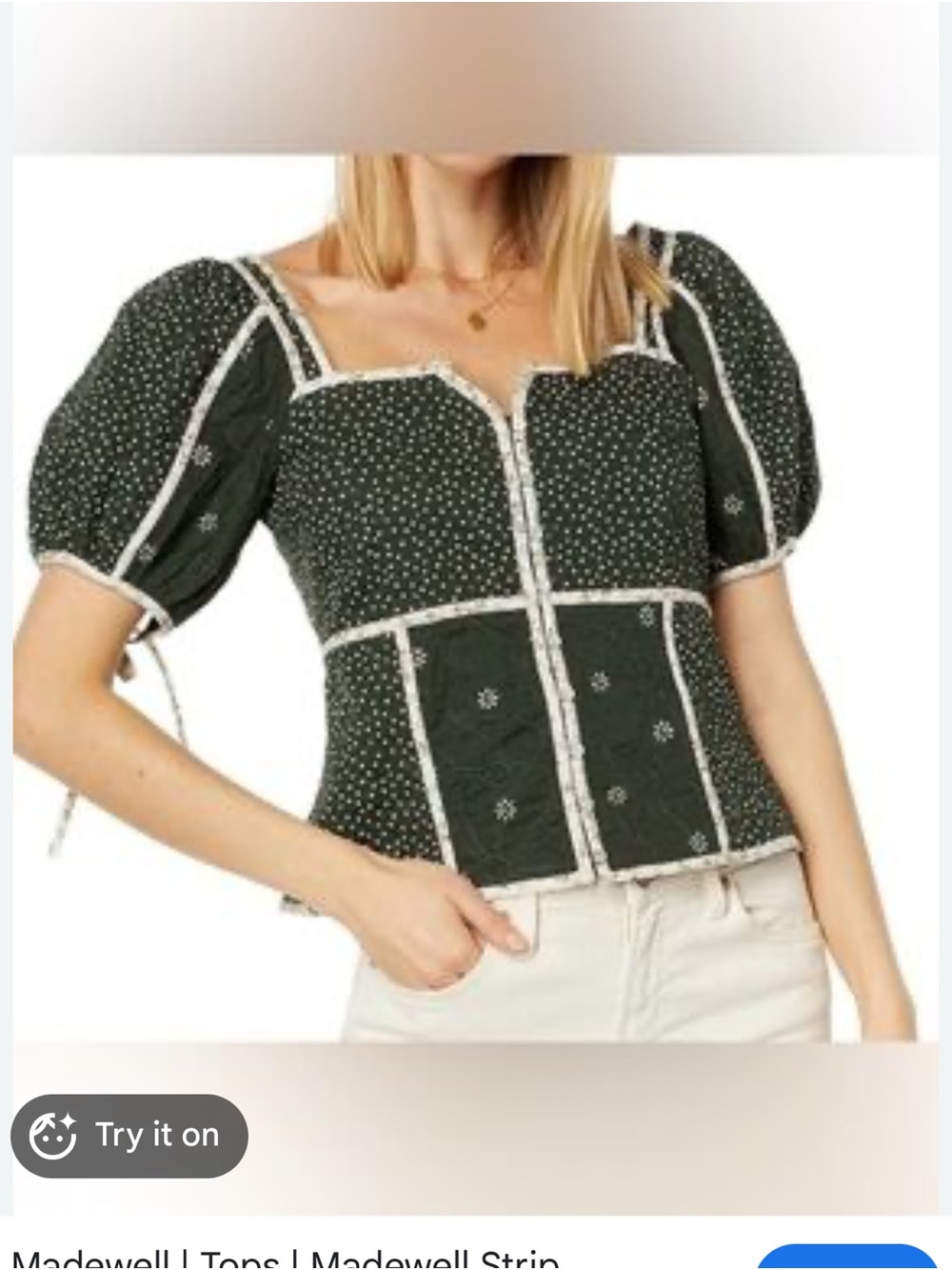 Madewell Dark Green Puff-Sleeve Square Neck Blouse with White Trim